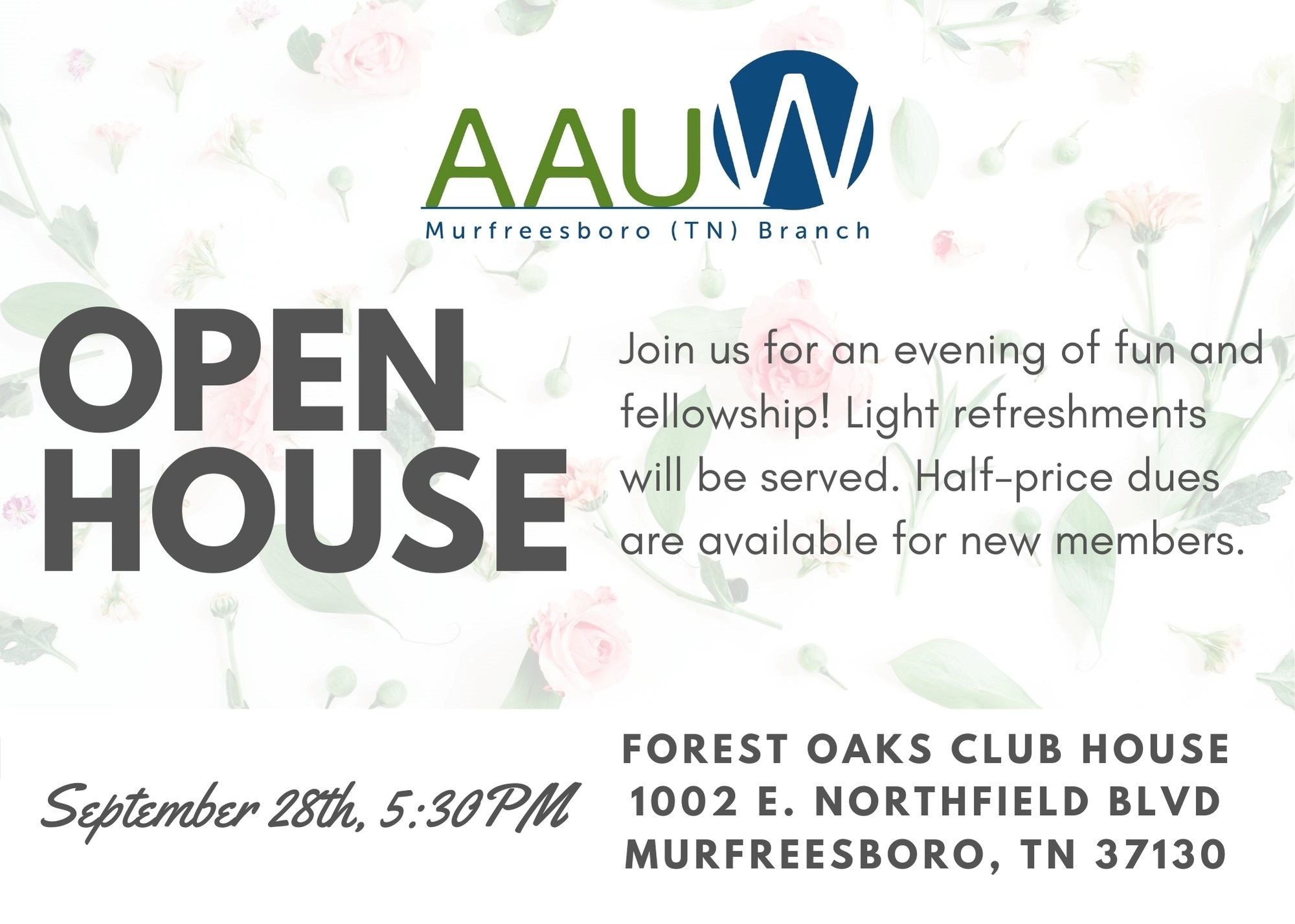 Black text on a light floral background with information about the Open House event. Features the AAUW Murfreesboro logo at the top in blue and green.
