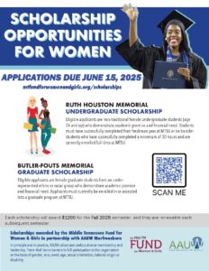 image of scholarship announcement. Opportunities for Women Applications Due June 15, 2025. Black/African American Woman in cap at gown at graduation holding diploma and waiving. QR code to website on bottom right and description of scholarship in middle of page.